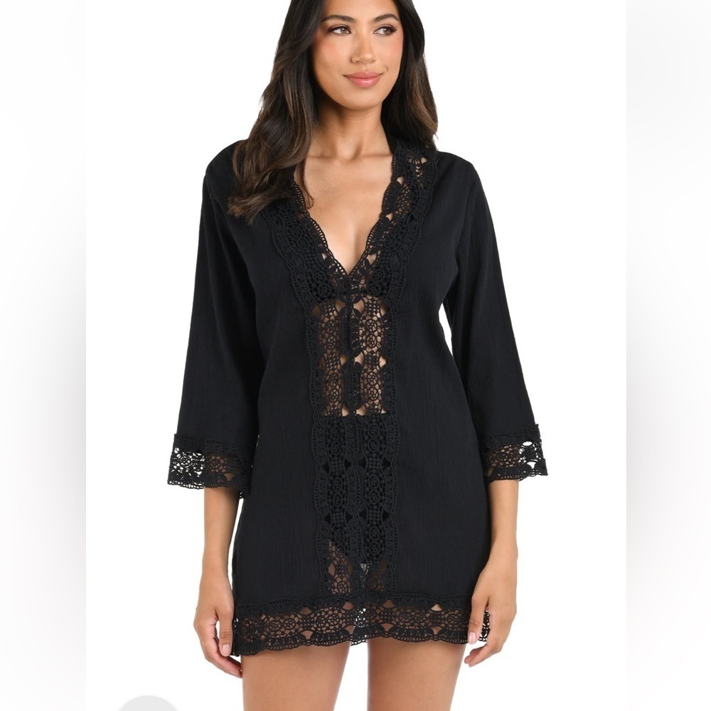 La Blanca black swim coverup Island Fare V-Neck Tunic cotton crochet XL